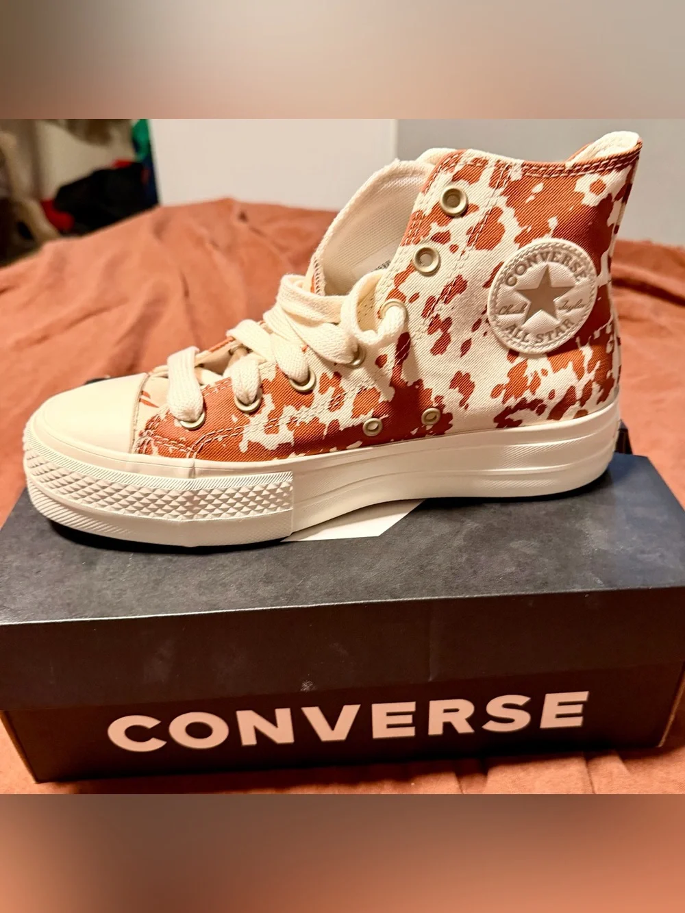 Converse High Top Platform Sneakers in Tan and Cream Cow Print